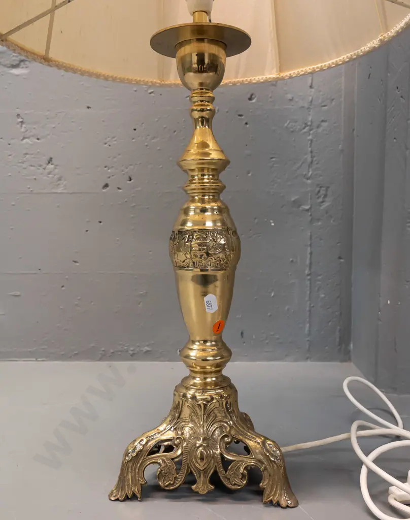 polished cast brass table lamp with waisted fabric shade H-800 Image 1++