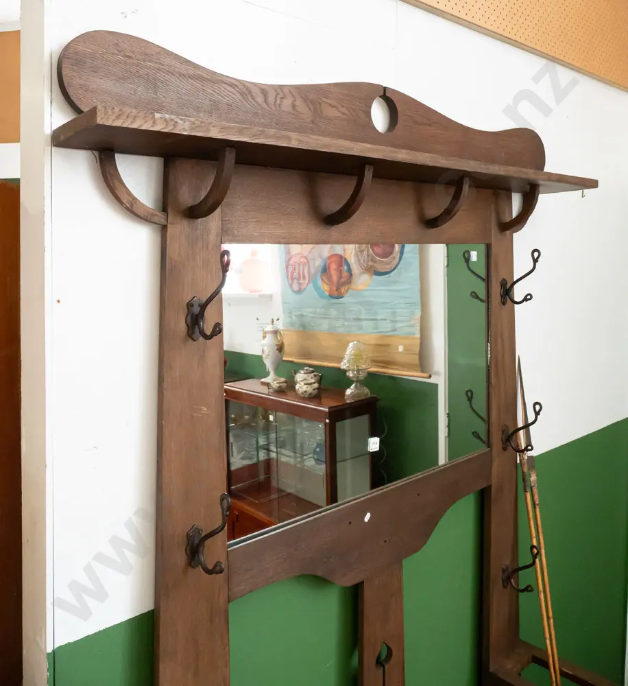 restorer's vintage oak arts & crafts style hall stand w/ shaped top and plate above mirror, 5 wrought swan neck hooks, Image 1++