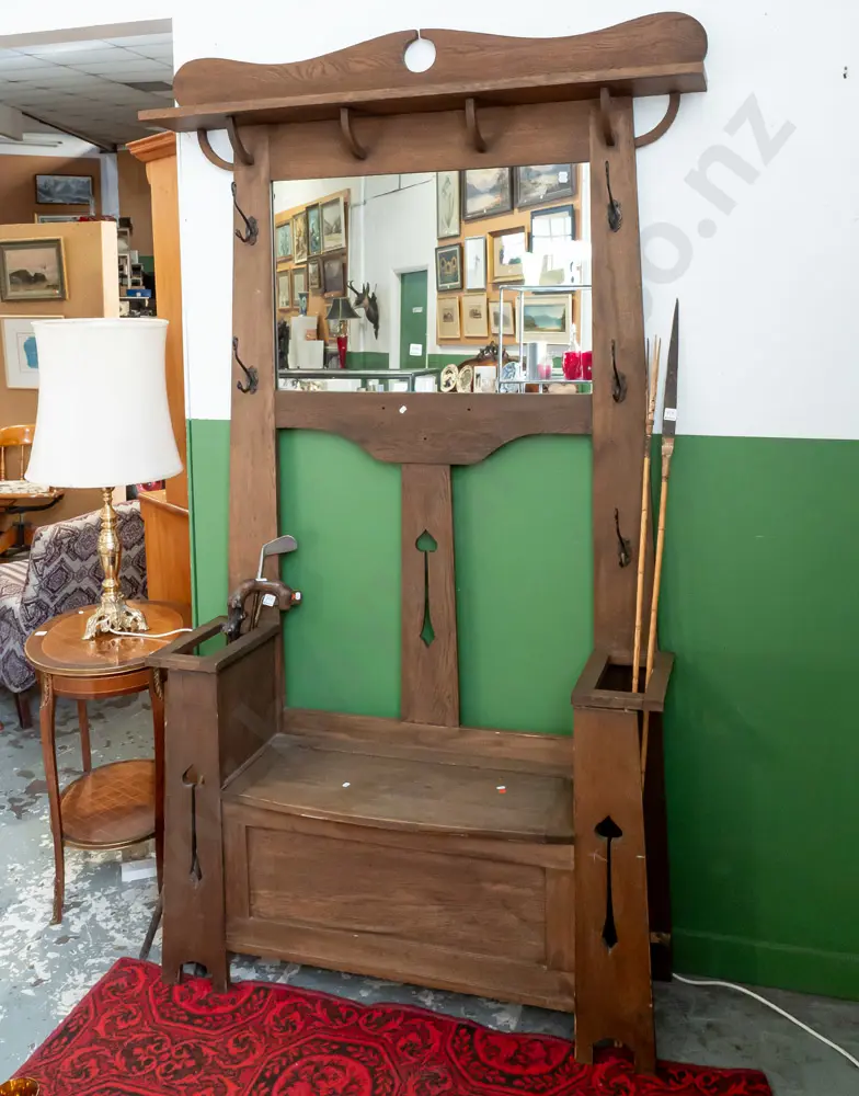 restorer's vintage oak arts & crafts style hall stand w/ shaped top and plate above mirror, 5 wrought swan neck hooks, Image 1++