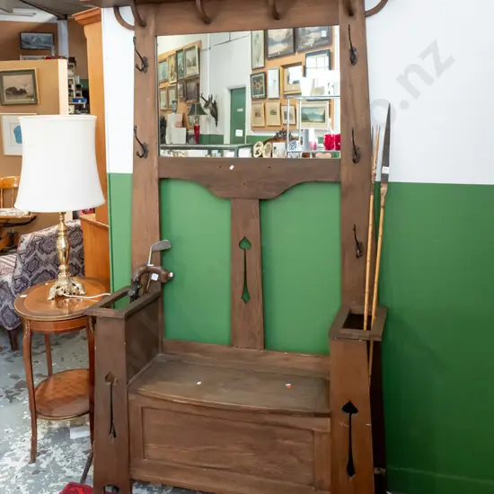 restorer's vintage oak arts & crafts style hall stand w/ shaped top and plate above mirror, 5 wrought swan neck hooks,