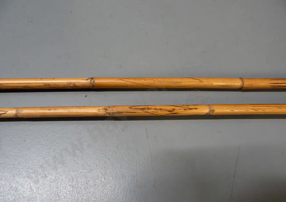 2 tribal style spears, one with metal blade, one with split bamboo 3-prong tip, no information on origin - PNG? Longer Image 1++