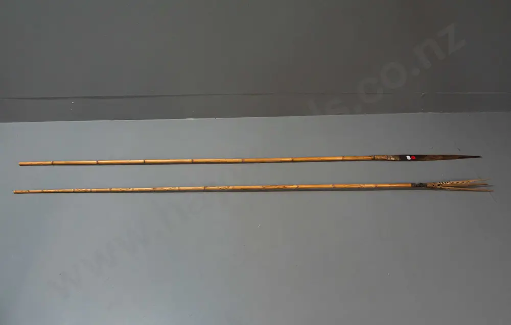 2 tribal style spears, one with metal blade, one with split bamboo 3-prong tip, no information on origin - PNG? Longer Image 1++