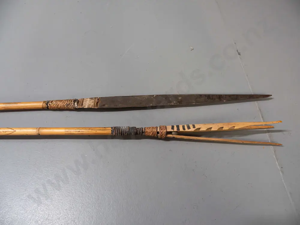 2 tribal style spears, one with metal blade, one with split bamboo 3-prong tip, no information on origin - PNG? Longer Image 1++