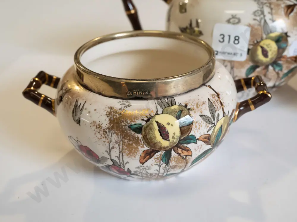 3x Royal Doulton 'Pomegranate': teapot, sugar bowl, creamer. Teapot H-120 [small chip to teapot spout] Image 1++