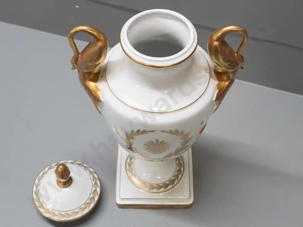 lidded handled urn vase with gilded figural swan handles, laurel leaf decoration - Alka Kunst Bavaria and Sevres marks Image 1++