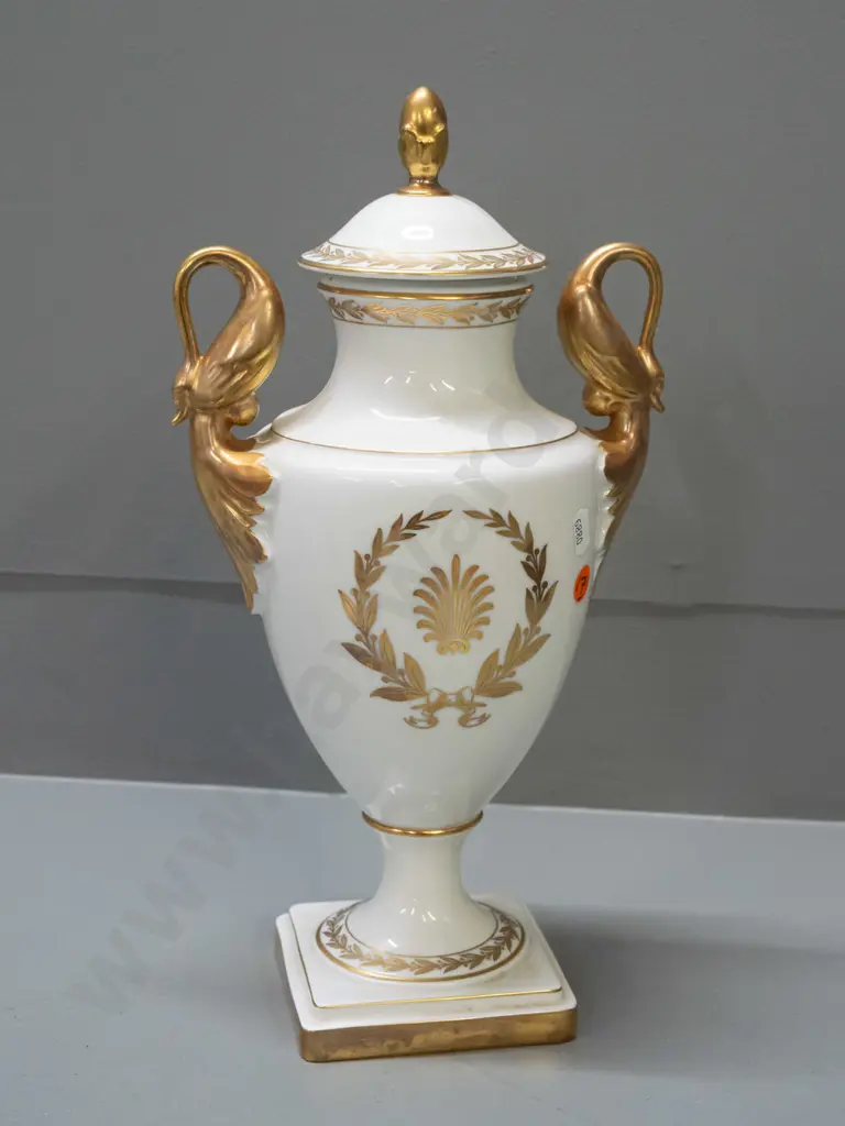 lidded handled urn vase with gilded figural swan handles, laurel leaf decoration - Alka Kunst Bavaria and Sevres marks Image 1++