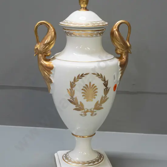 lidded handled urn vase with gilded figural swan handles, laurel leaf decoration - Alka Kunst Bavaria and Sevres marks