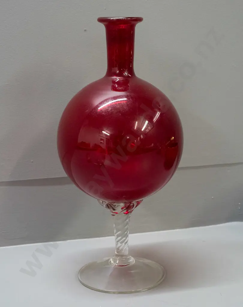 retro red glass globe-shaped bottle vase on clear twisted stem and circular base H-360 D-160 Image 1++