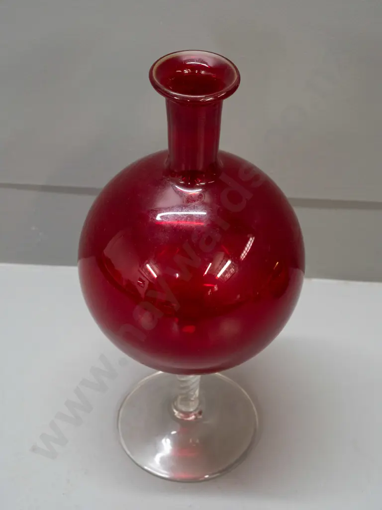 retro red glass globe-shaped bottle vase on clear twisted stem and circular base H-360 D-160 Image 1++