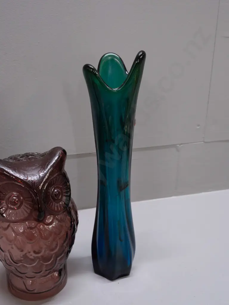 2 retro glass items - moulded amethyst owl and a blue fading to green vase with ribbed shape, wave top, made in Poland Image 1++