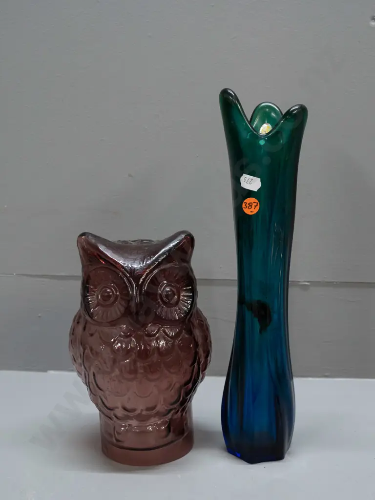 2 retro glass items - moulded amethyst owl and a blue fading to green vase with ribbed shape, wave top, made in Poland Image 1++
