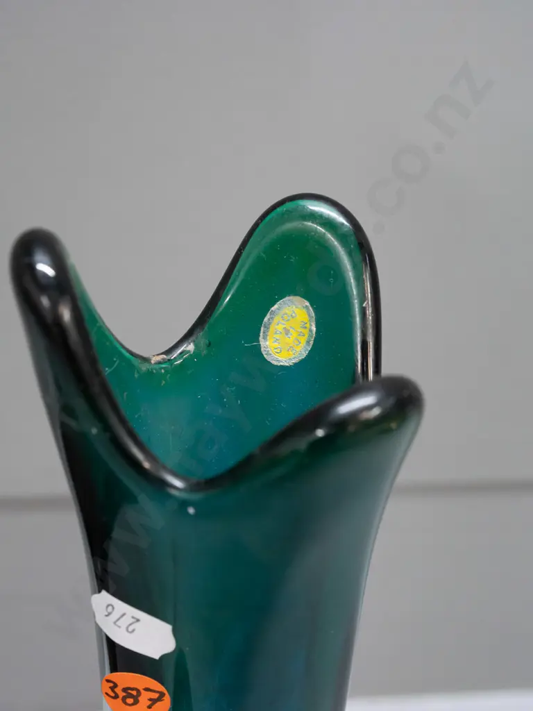 2 retro glass items - moulded amethyst owl and a blue fading to green vase with ribbed shape, wave top, made in Poland Image 1++