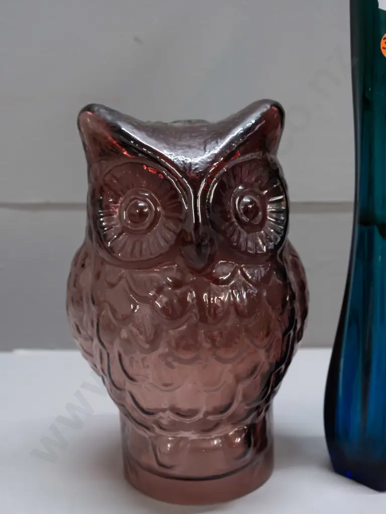 2 retro glass items - moulded amethyst owl and a blue fading to green vase with ribbed shape, wave top, made in Poland Image 1++