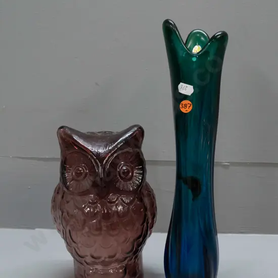 2 retro glass items - moulded amethyst owl and a blue fading to green vase with ribbed shape, wave top, made in Poland