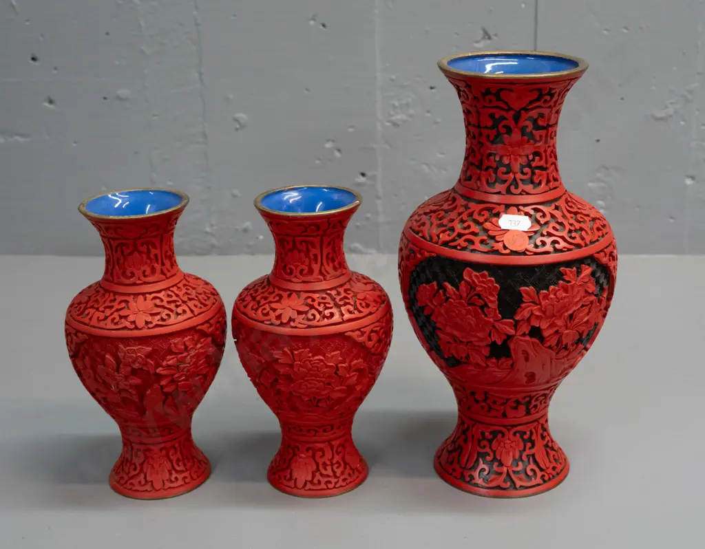 3 cinnabar composite vases with bleu enamel interior over brass - larger H-260 small pair H-180 Image 1++