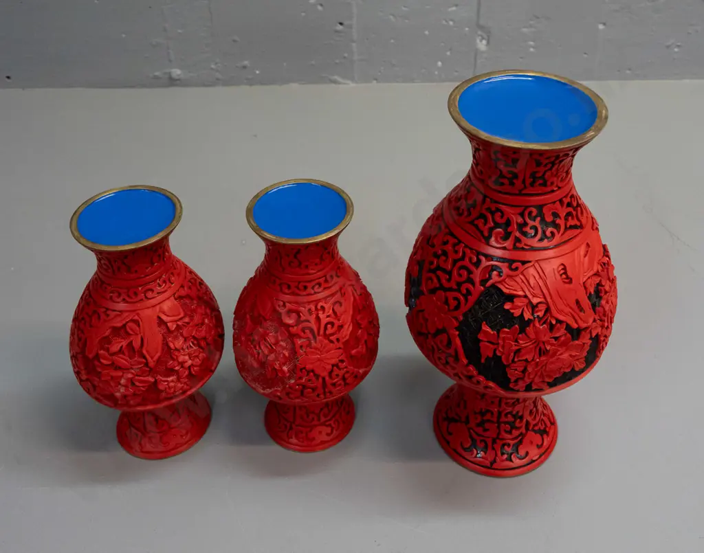 3 cinnabar composite vases with bleu enamel interior over brass - larger H-260 small pair H-180 Image 1++
