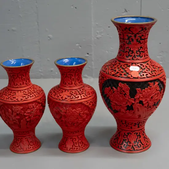3 cinnabar composite vases with bleu enamel interior over brass - larger H-260 small pair H-180