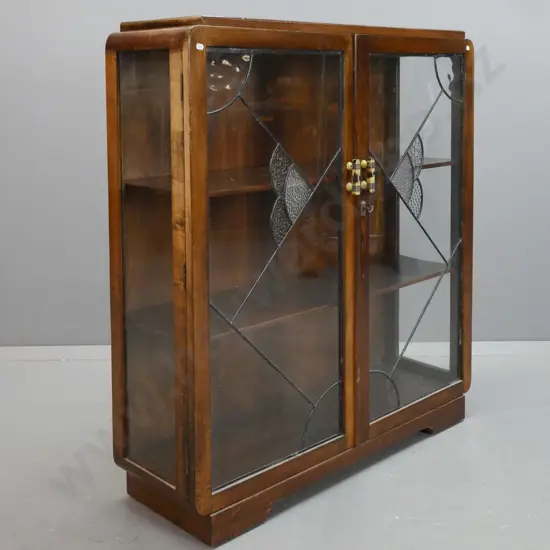 art deco beech display case with 2 leadlight doors, glazed sides, 2 shelves. Vintage plastic and chrome