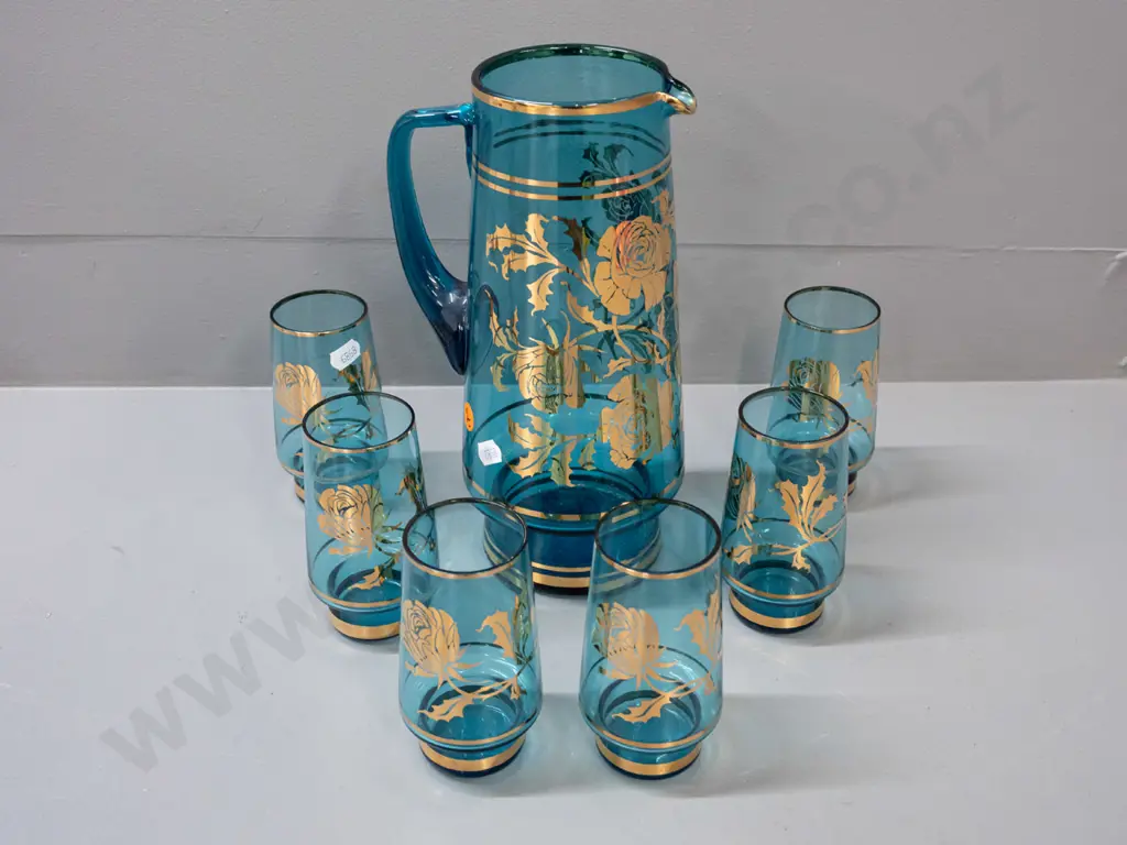 retro aqua blue water set - jug and 6 glasses - with gilt bands and floral motifs. Jug H-250 Image 1++