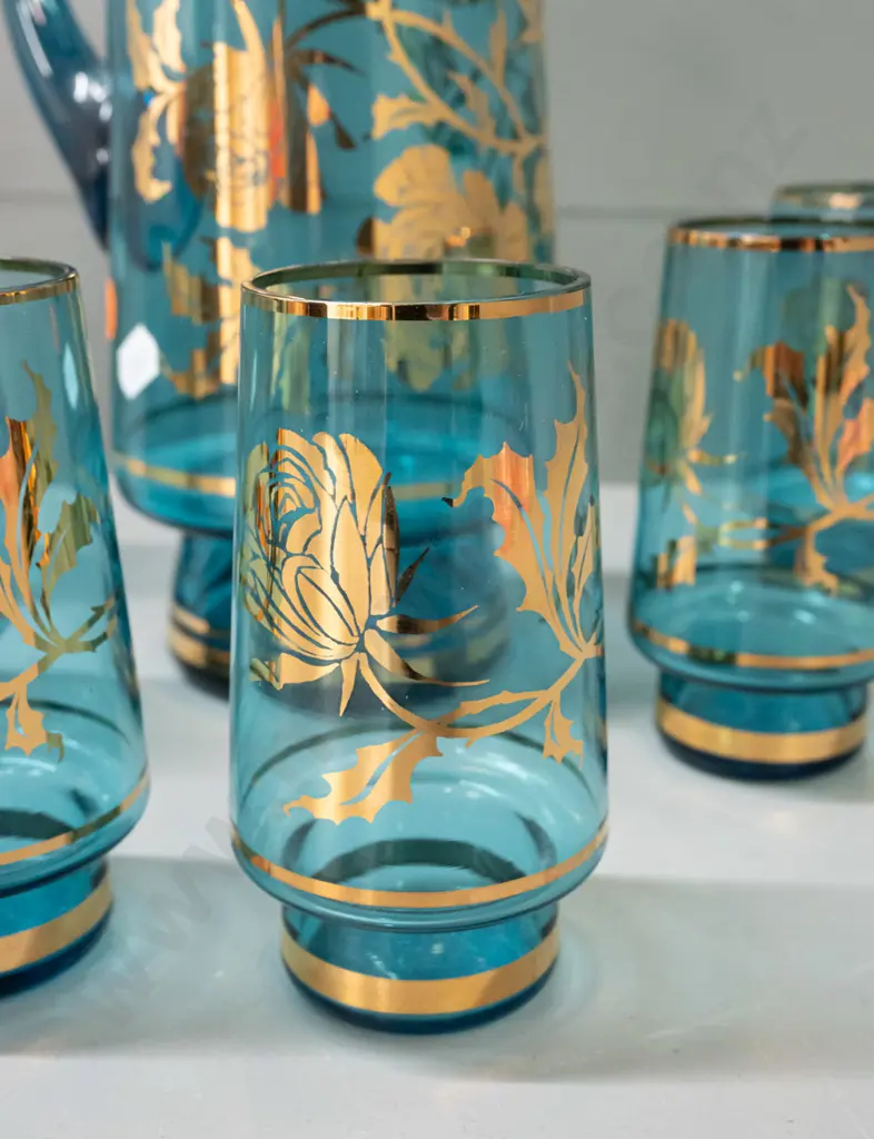 retro aqua blue water set - jug and 6 glasses - with gilt bands and floral motifs. Jug H-250 Image 1++