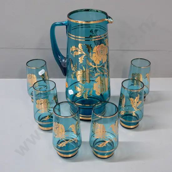retro aqua blue water set - jug and 6 glasses - with gilt bands and floral motifs. Jug H-250