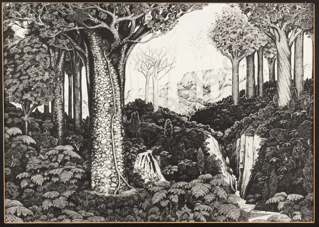 Rei Hamon 1971 -- framed print, New Zealand bush landscape, H-175 W-250 Image 1++