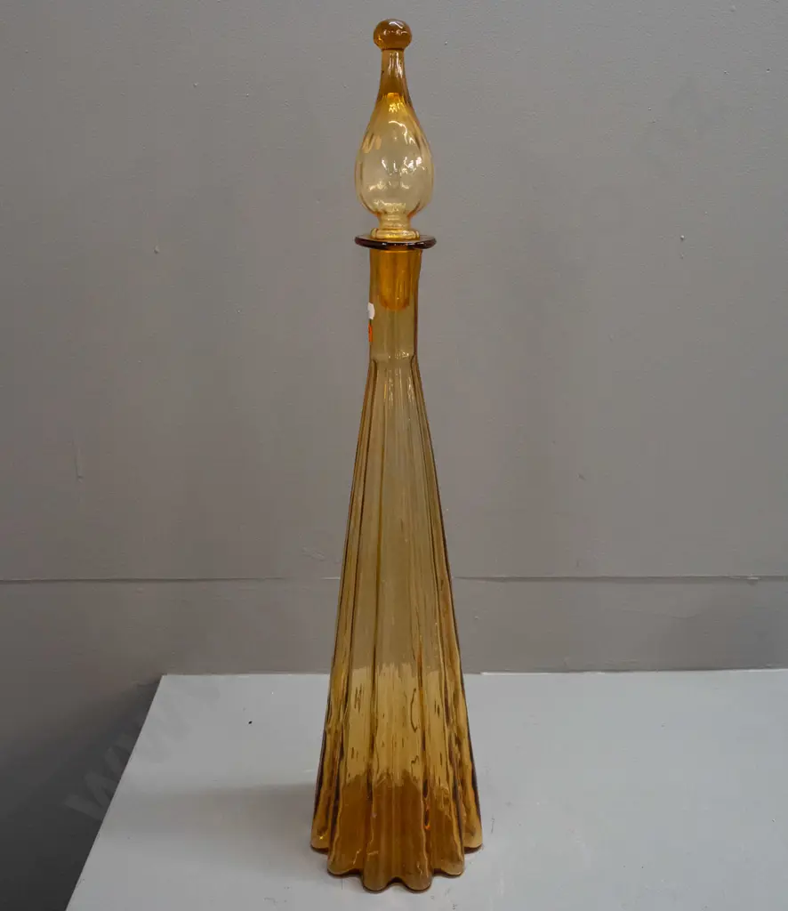 retro large stoppered genie bottle with ribbed & tapered body - a few manufacturing lines visible H-630 Image 1++