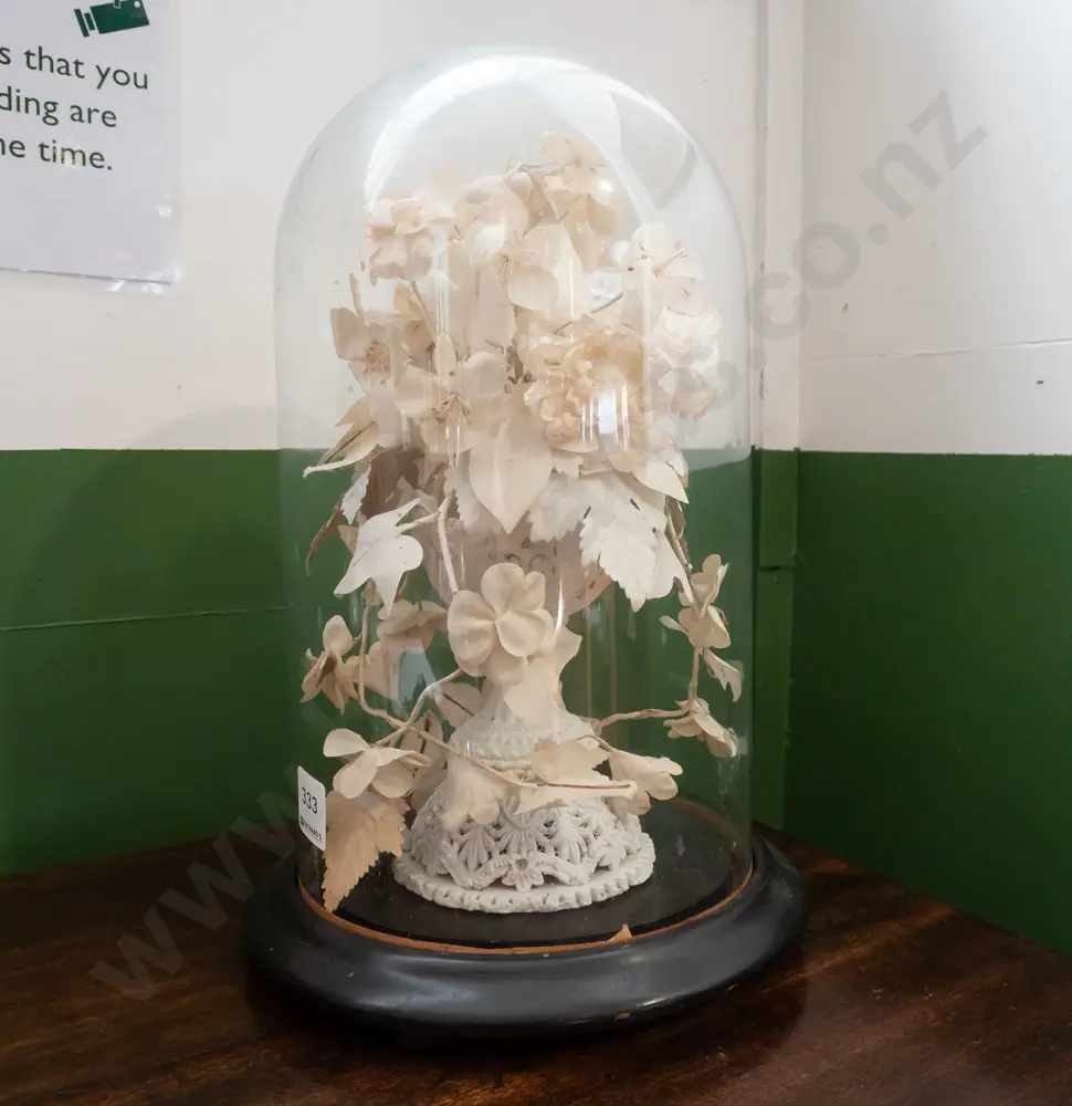 faux flower arrangement in glass dome on wooden base H-350 Image 1++