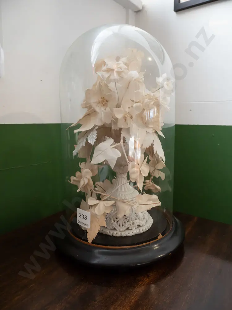 faux flower arrangement in glass dome on wooden base H-350 Image 1++