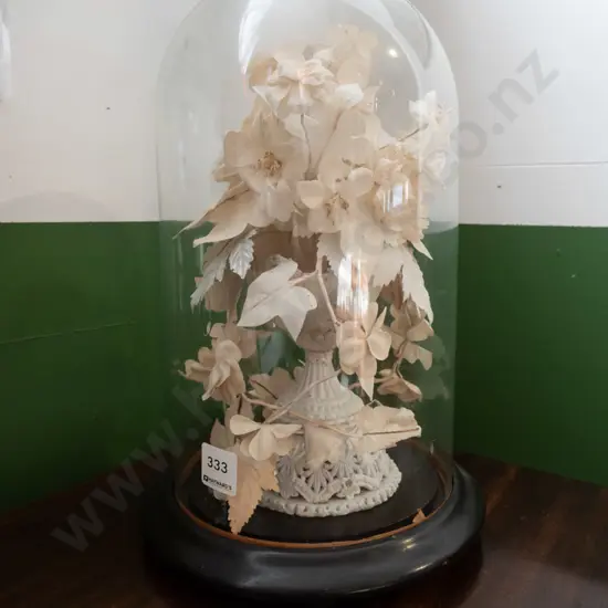 faux flower arrangement in glass dome on wooden base H-350