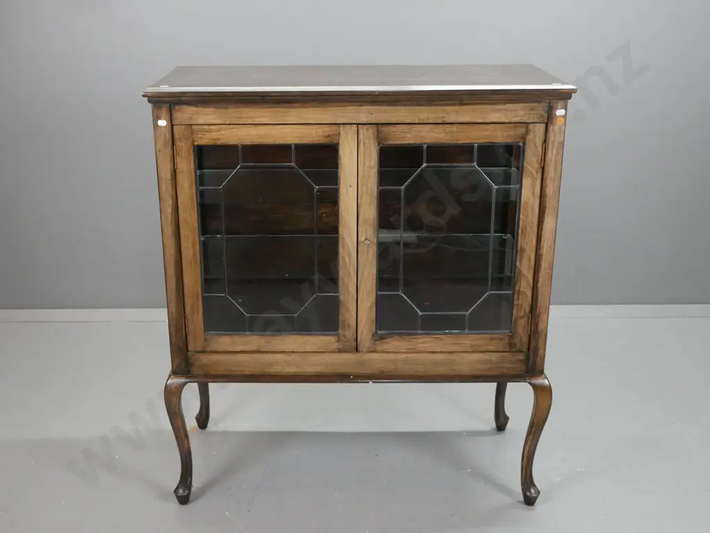 vintage beech leadlight display case on stand, glass panels in side, cabriole legs. Working lock and key Image 1++