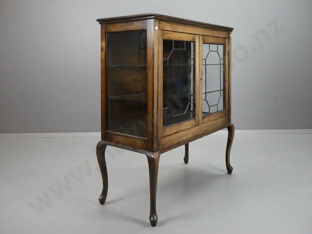 vintage beech leadlight display case on stand, glass panels in side, cabriole legs. Working lock and key Image 1++