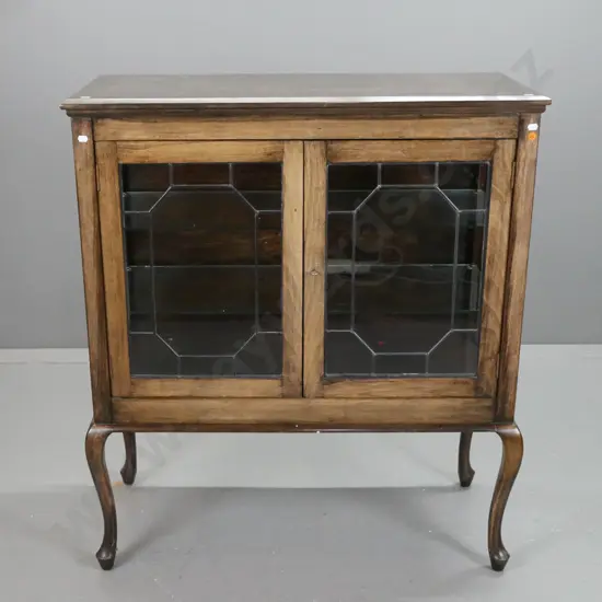 vintage beech leadlight display case on stand, glass panels in side, cabriole legs. Working lock and key