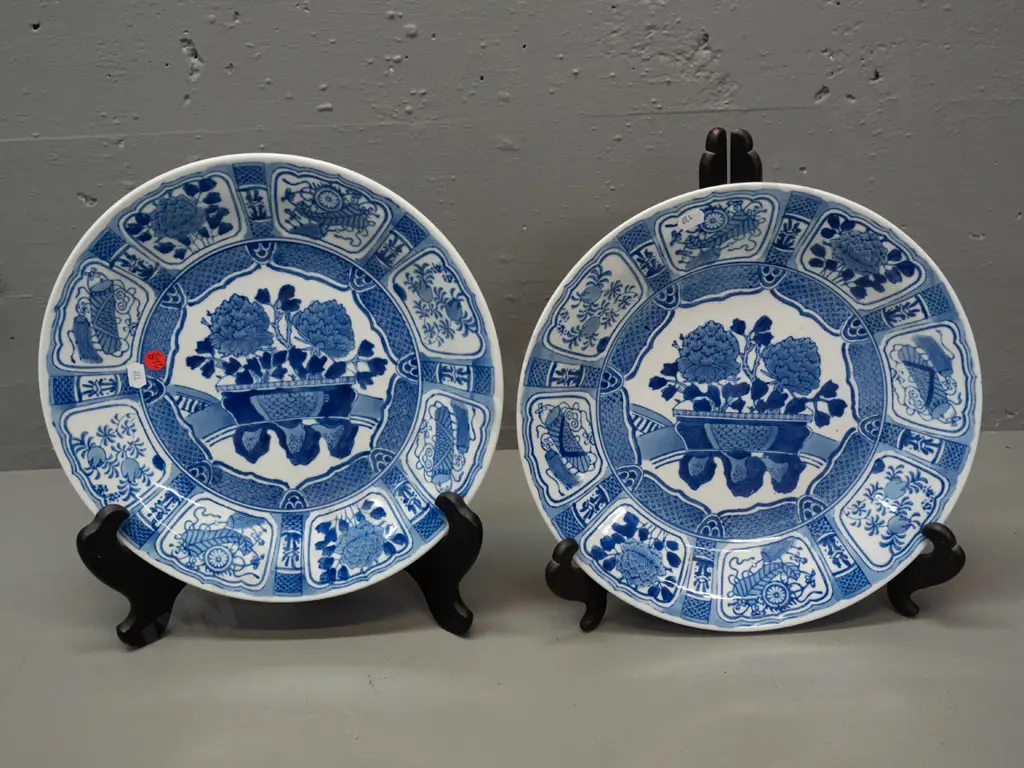 pair of Chinese blue and white floral pattern chargers - character marks on back D-310 Image 1++