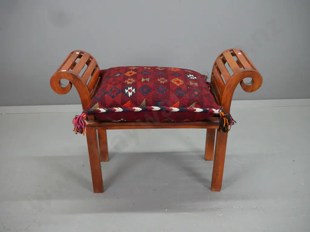 slatted Indonesian hardwood rolled-arm seat with hand-knotted kilim cushion - seat has a bit of flex side to side H-570 Image 1++