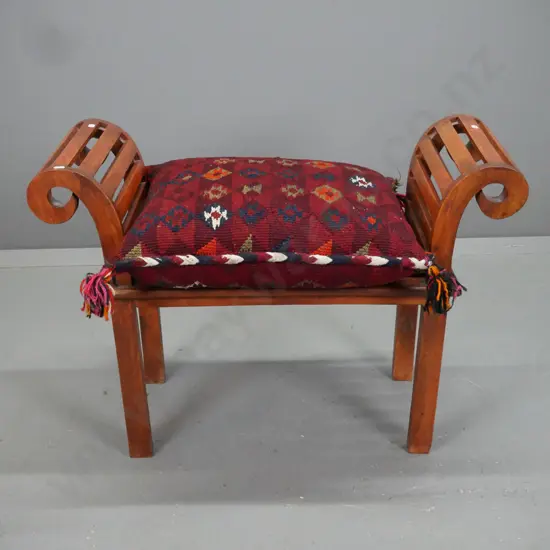 slatted Indonesian hardwood rolled-arm seat with hand-knotted kilim cushion - seat has a bit of flex side to side H-570