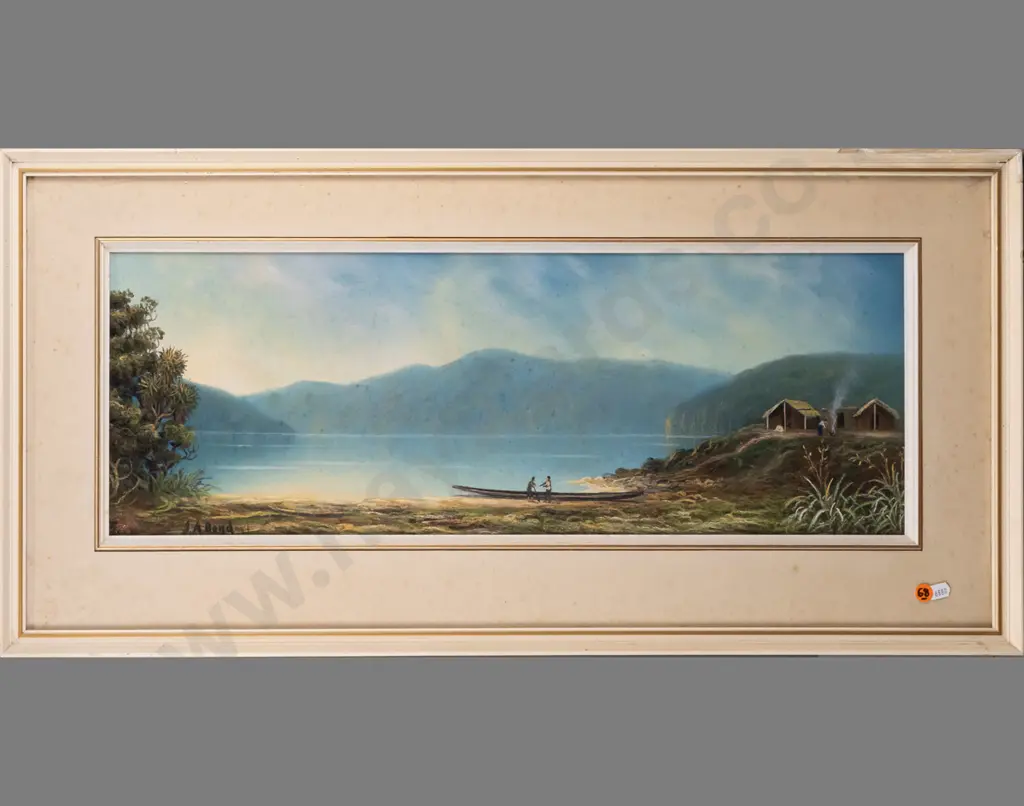 J.A. Bond -- framed pastel on paper, landscape with waterway canoe & huts H-220 W-620 [foxing to mat & artwork, loss to Image 1++
