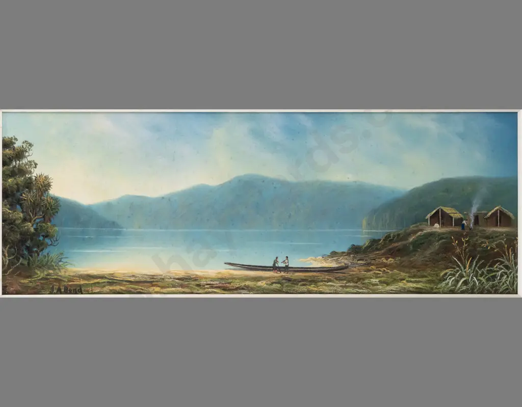 J.A. Bond -- framed pastel on paper, landscape with waterway canoe & huts H-220 W-620 [foxing to mat & artwork, loss to Image 1++