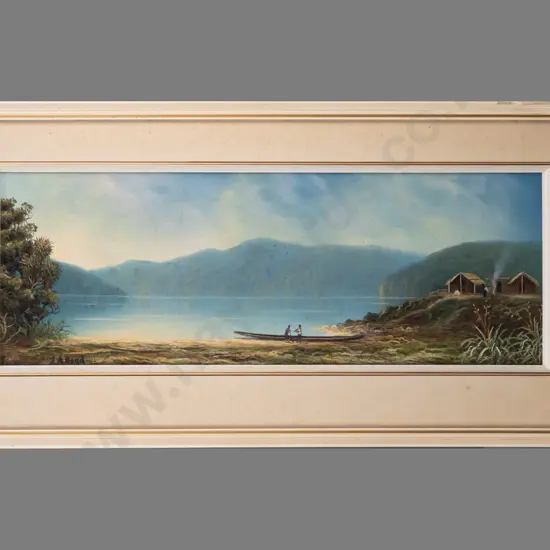 J.A. Bond -- framed pastel on paper, landscape with waterway canoe & huts H-220 W-620 [foxing to mat & artwork, loss to