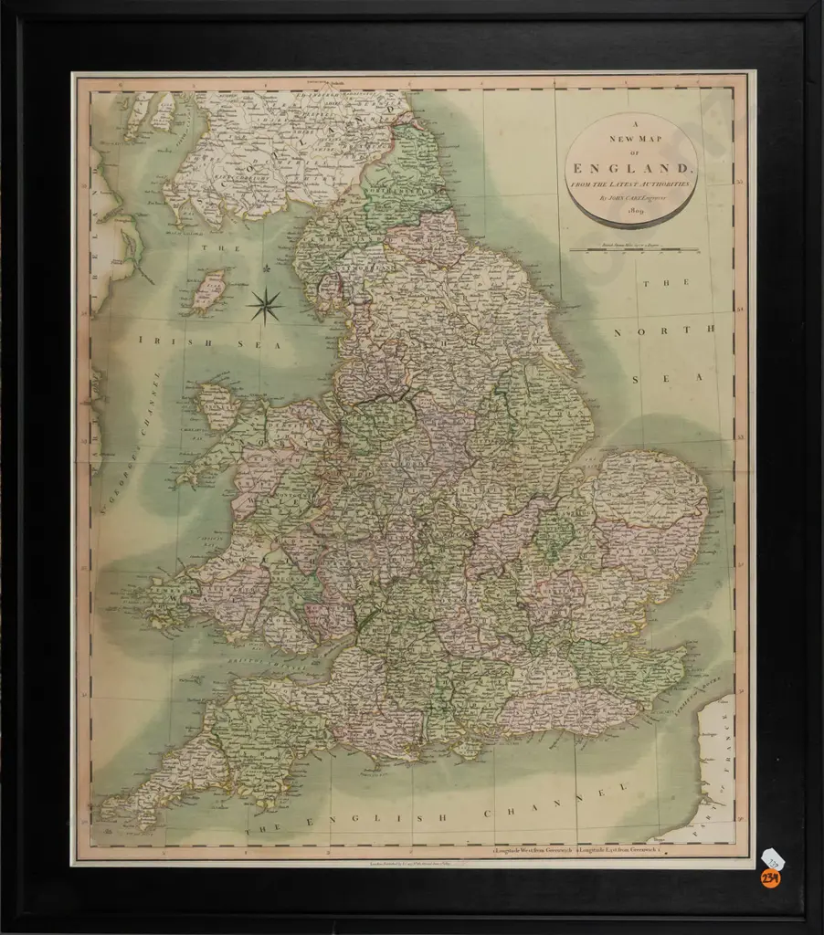 John Cary engraver c1809 -- framed hand-coloured copperplate engraving on handmade paper "A New Map of England" H-570 Image 1++
