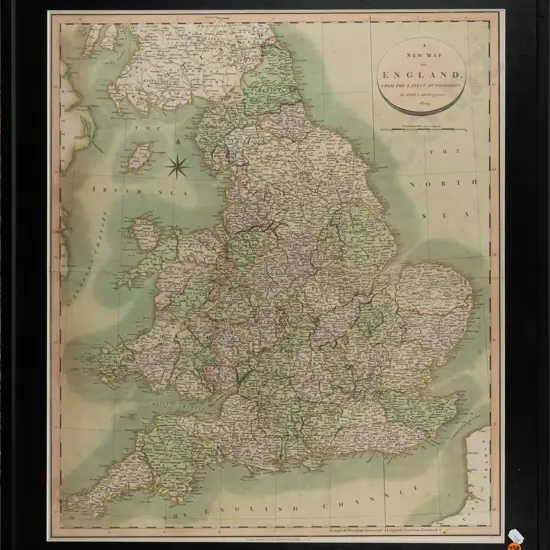 John Cary engraver c1809 -- framed hand-coloured copperplate engraving on handmade paper "A New Map of England" H-570