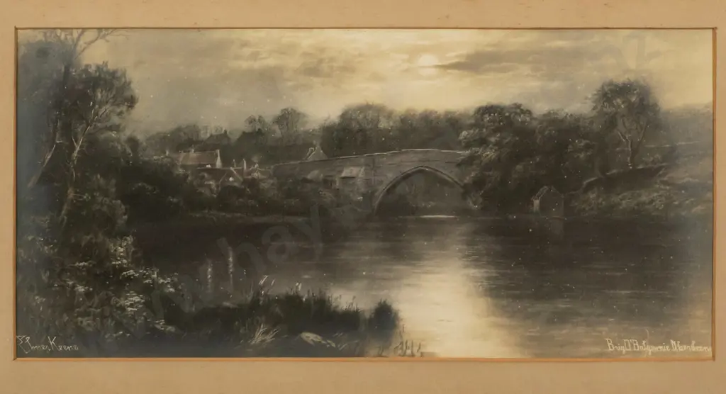 Elmer Keene -- framed reproduction "Brig O'Balgownie Aberdeen" H-170 W-350 [foxing throughout, grime ingrained to frame] Image 1++