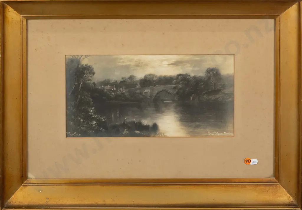Elmer Keene -- framed reproduction "Brig O'Balgownie Aberdeen" H-170 W-350 [foxing throughout, grime ingrained to frame] Image 1++
