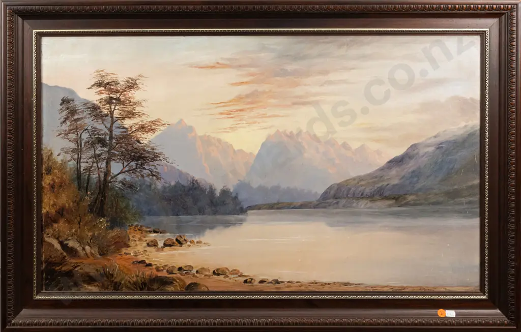 framed oil on board - lake and mountain scene H440 W740 (slight damage to paint) Image 1++