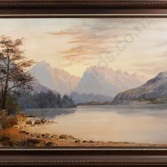 framed oil on board - lake and mountain scene H440 W740 (slight damage to paint)