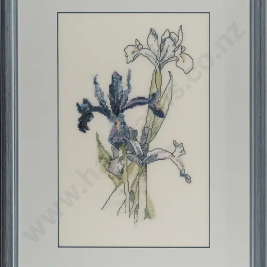 framed cross-stitch, irises, H-310 W-200