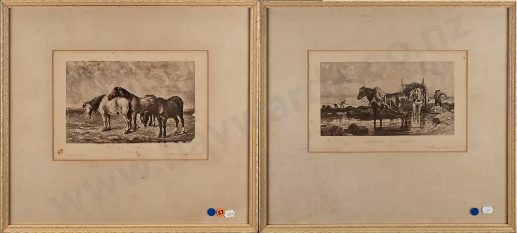 2x framed Woodburytype prints on paper (blue dots): 1. "Getting Seaweed" & 2. "Hard Times" 1. H-170 W-265 2. H-180 Image 1++