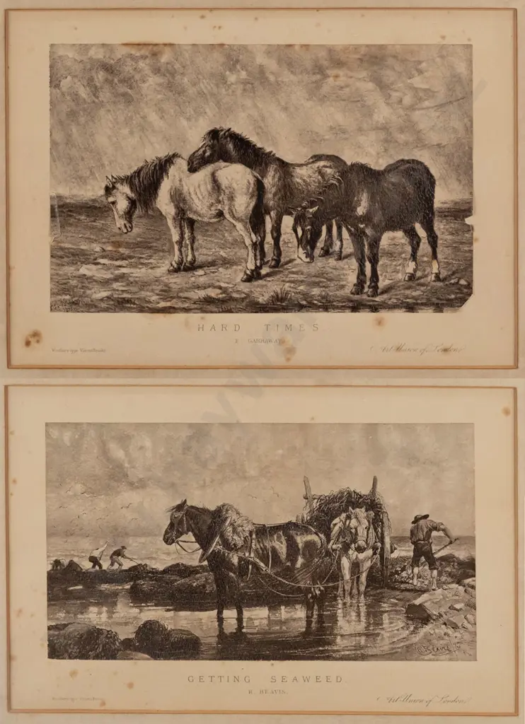2x framed Woodburytype prints on paper (blue dots): 1. "Getting Seaweed" & 2. "Hard Times" 1. H-170 W-265 2. H-180 Image 1++