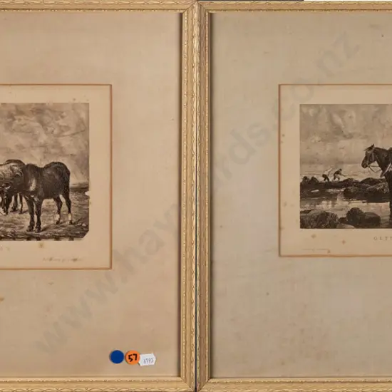 2x framed Woodburytype prints on paper (blue dots): 1. "Getting Seaweed" & 2. "Hard Times" 1. H-170 W-265 2. H-180