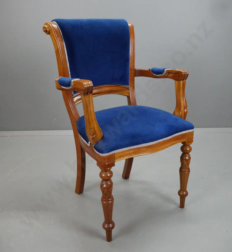 reproduction mahogany open armchair, upholstered seat and arm pads. Turned cabin cover front legs. Image 1++